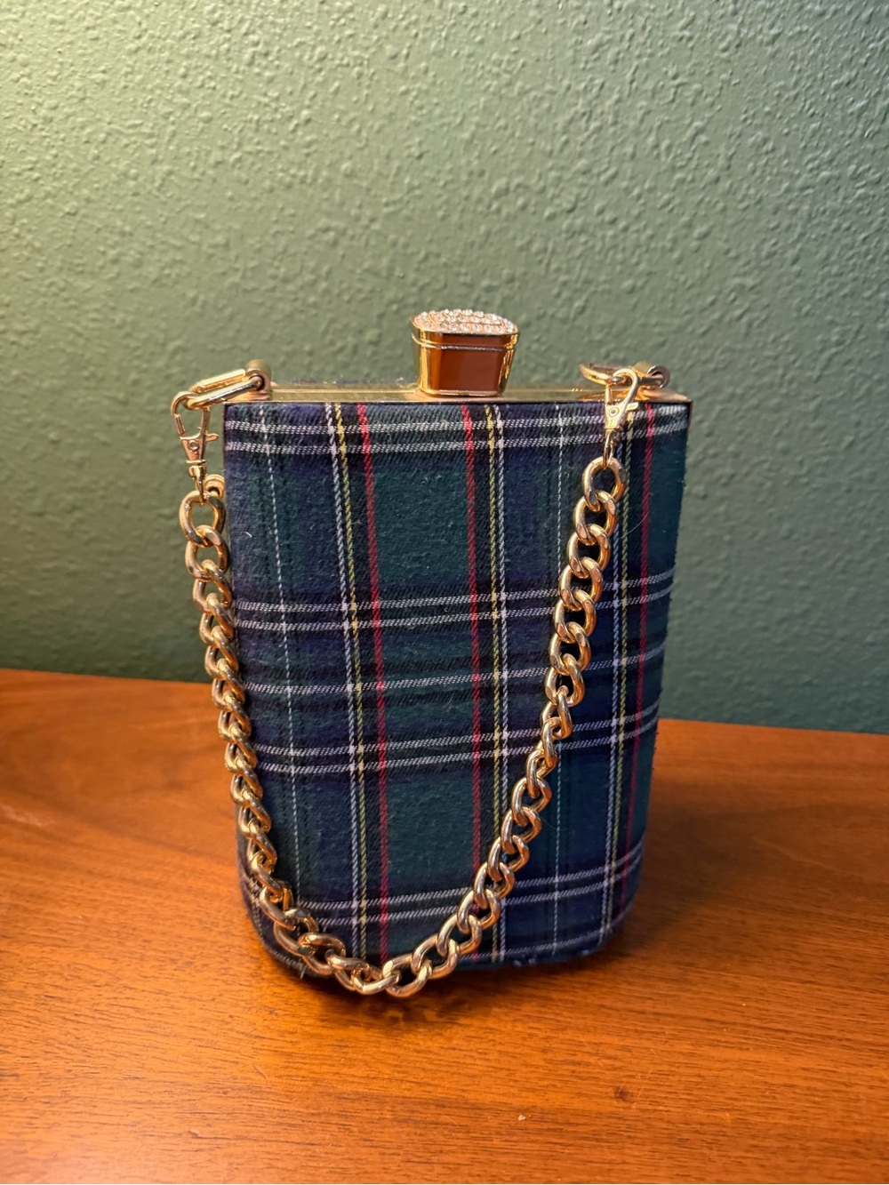 Plaid Chain-Handle Evening Clutch - Green Plaid